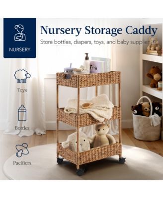 3-Tier Water Hyacinth Rolling Utility Cart w/ Weaved Baskets