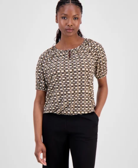 Anne Klein Essential Petite Keyhole-Cutout Top - Latte Multi