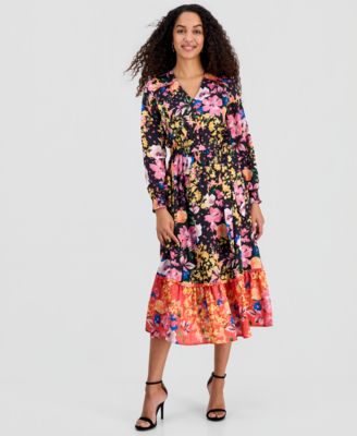 Women's Mixed Floral-Print Tiered Fit & Flare Dress