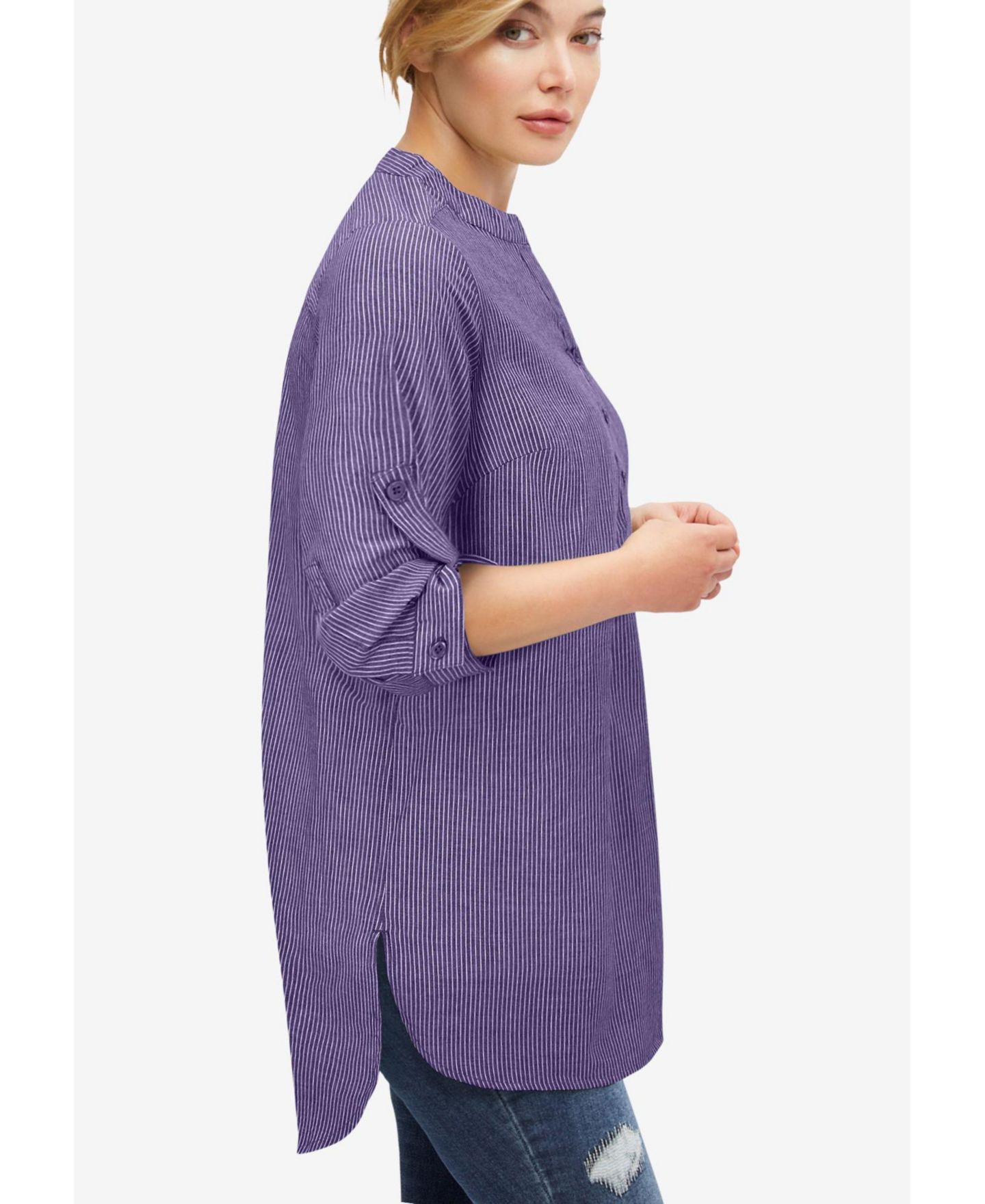 Женские топы ellos Plus Size Three-Quarter Sleeve Roll Tab Relaxed Fit 100% Cotton Henley Tunic Tops, цвет: Фиолетовый полосатый — фото 2