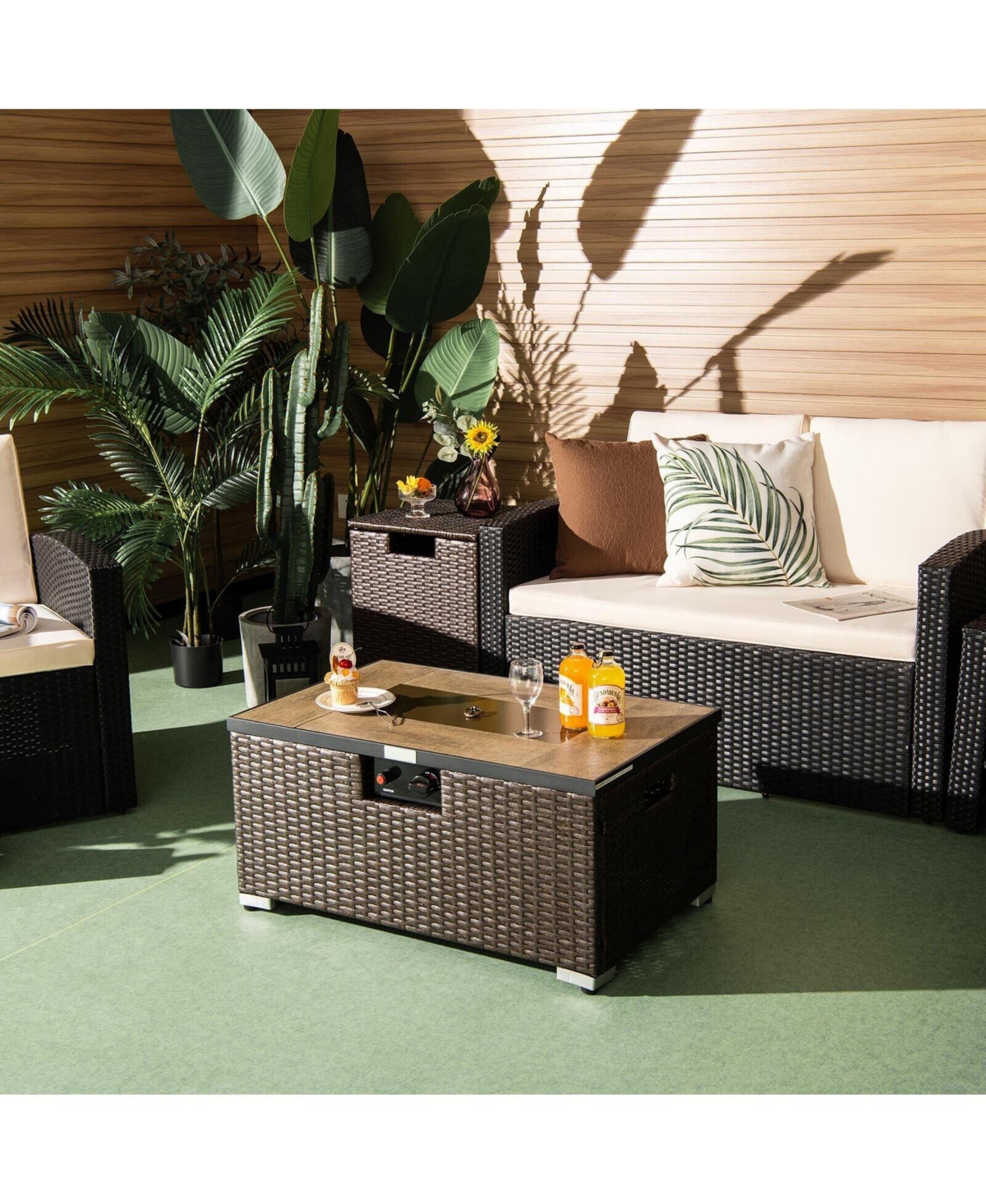 Sugift 32 x 20 Inch Propane Rattan Fire Pit Table Set with Side Table Tank and Cover