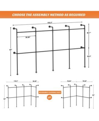 3.5-13.5 FT Reversible Wall Mounted Industrial Metal Pipe Clothing Rack for Hanging Clothes