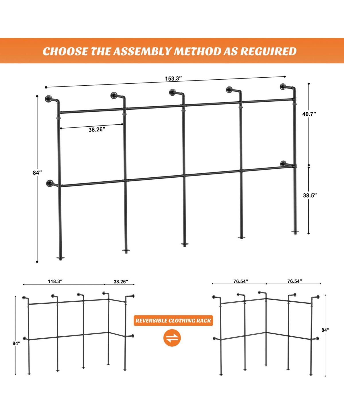 Aheaplus 3.5-13.5 Ft Reversible Wall Mounted Industrial Metal Pipe Clothing Rack for Hanging Clothes