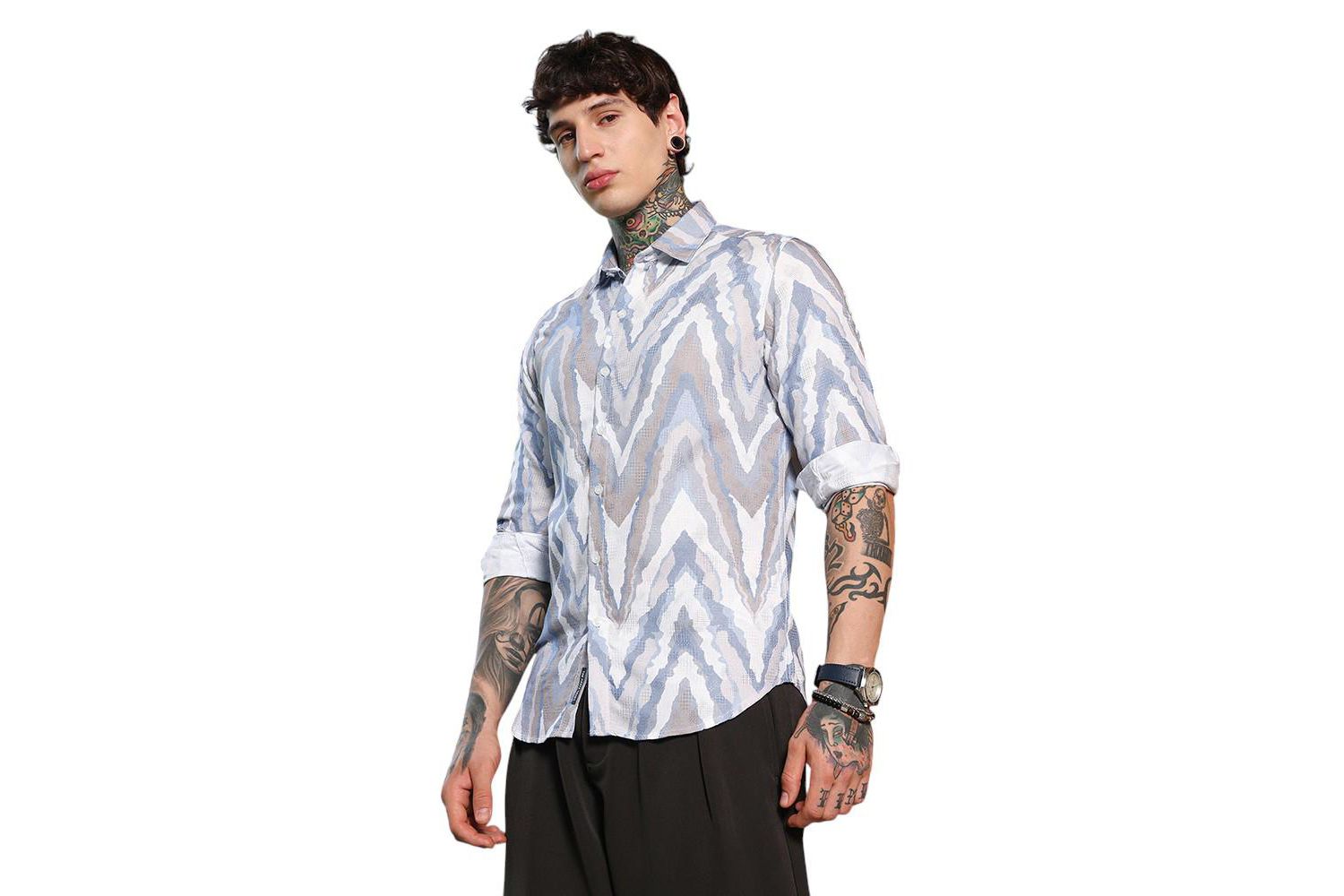 Men's Icy Blue:Cream White Pastel-Geometric Jacquard Shirt