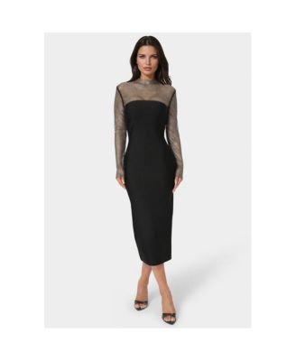 Women's Long Sleeve Midi Dress With Crystal Mesh Combo