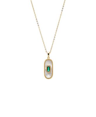 Green Cubic Zirconia Mother Of Pearl Elongated Dog Tag Necklace