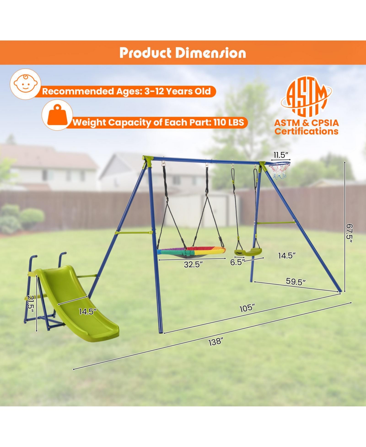 Skonyon 4-in-1 Heavy-Duty Metal Playset with Slide and Basketball Hoop