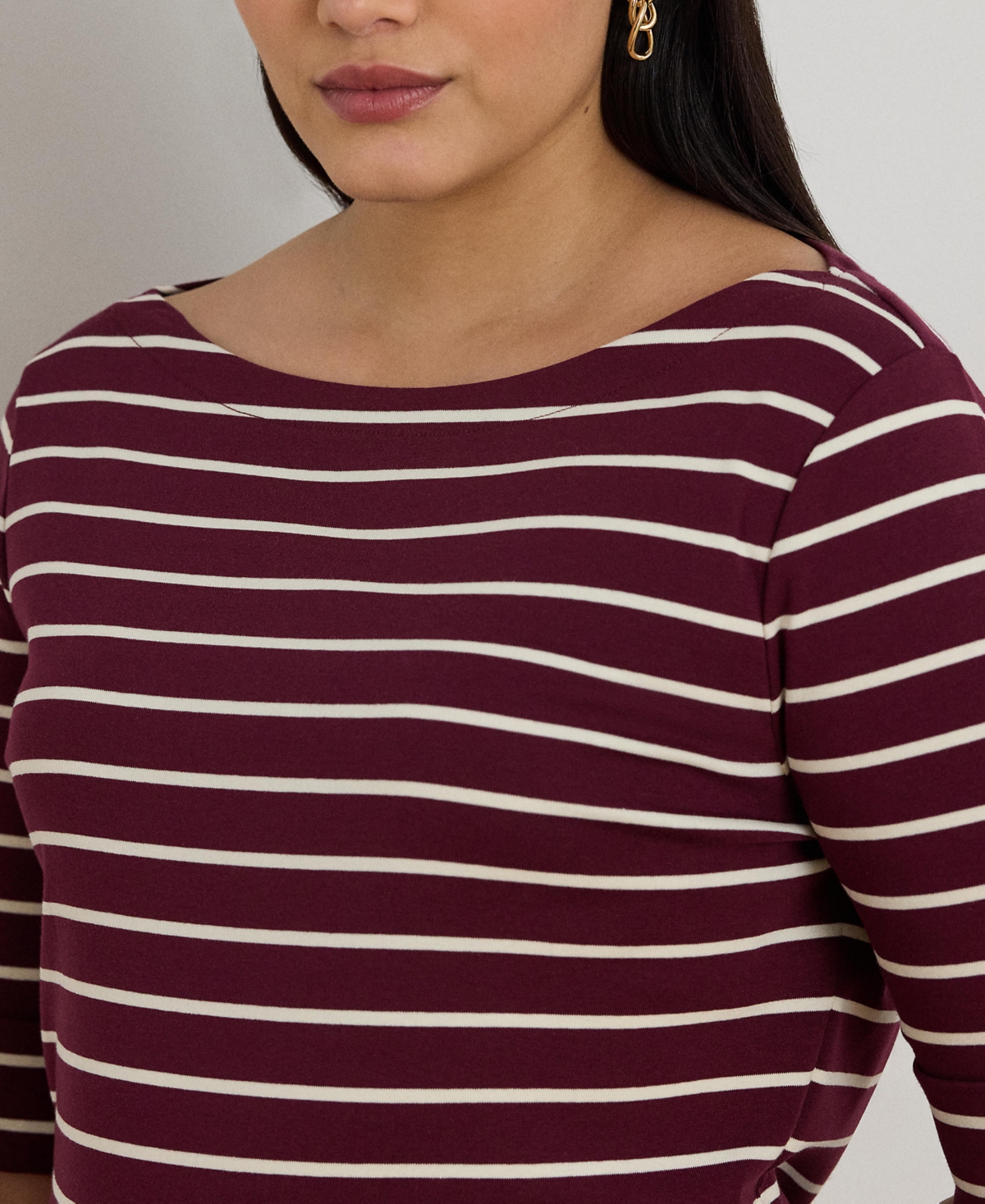 Ralph Lauren Plus Size Striped Stretch Boat Neck T-shirt In Burgundy