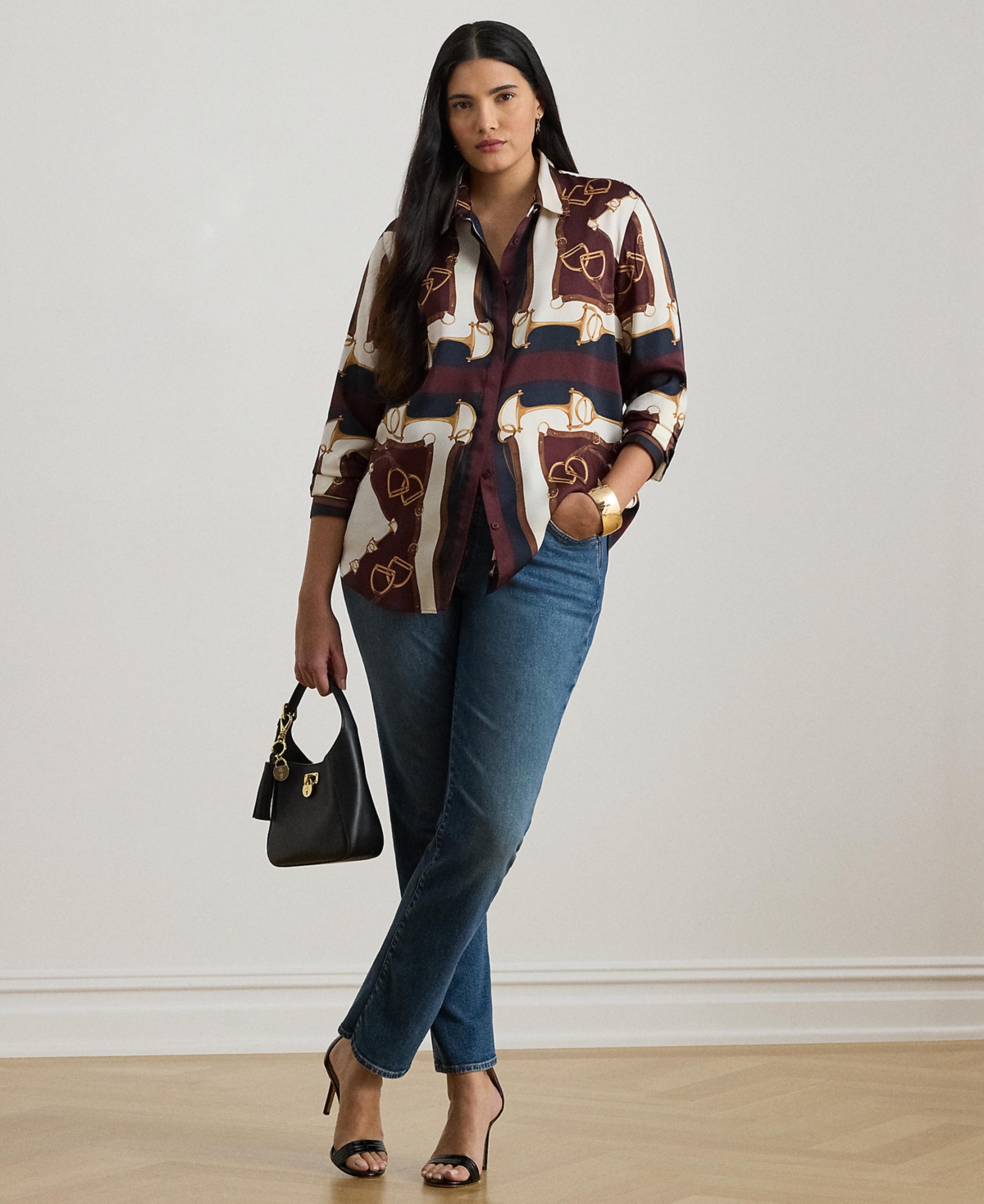 Ralph Lauren Plus Size Equestrian-print Twill Long-sleeve Shirt In Multi