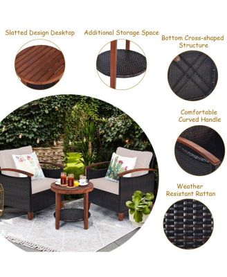 3 Pieces Patio Wicker Furniture Set with Washable Cushion and Acacia Wood Tabletop