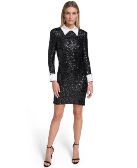 Petite Social Sequin Long-Sleeve Shirt Collar Dress - Black White