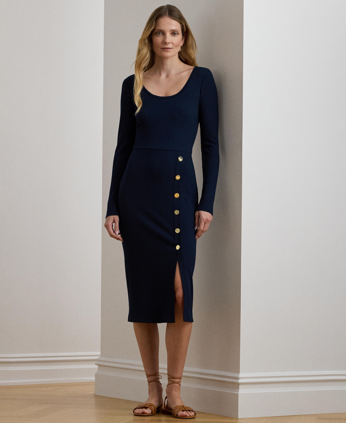 Ralph Lauren Women's Button Trim Rib Knit Dress In Blue