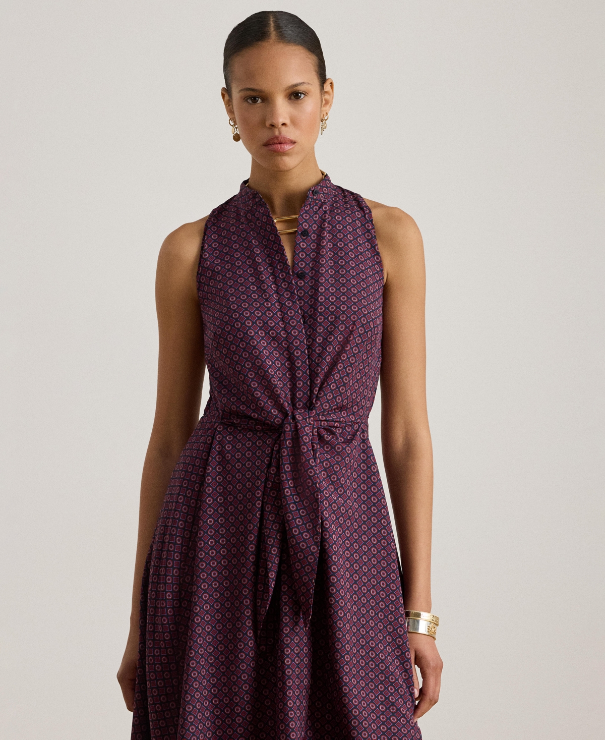 Ralph Lauren Print Tie-front Crepe Sleeveless Dress In Purple