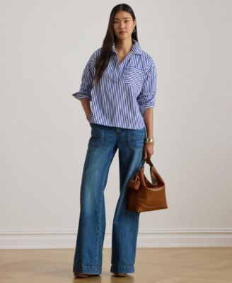 Plus Size Striped Long-Sleeve Broadcloth Cropped Shirt