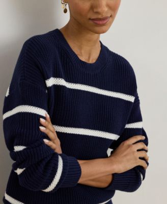 Women's Striped Rib-Knit Cotton Crew Neck Sweater