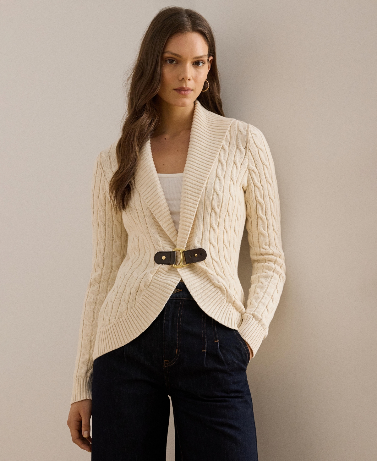 Ralph Lauren Lauren  Gassed Cable Stitch Belted Cardigan In Multi