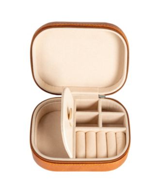 Small Leather Travel Jewelry Organizer Box, Caramel Color