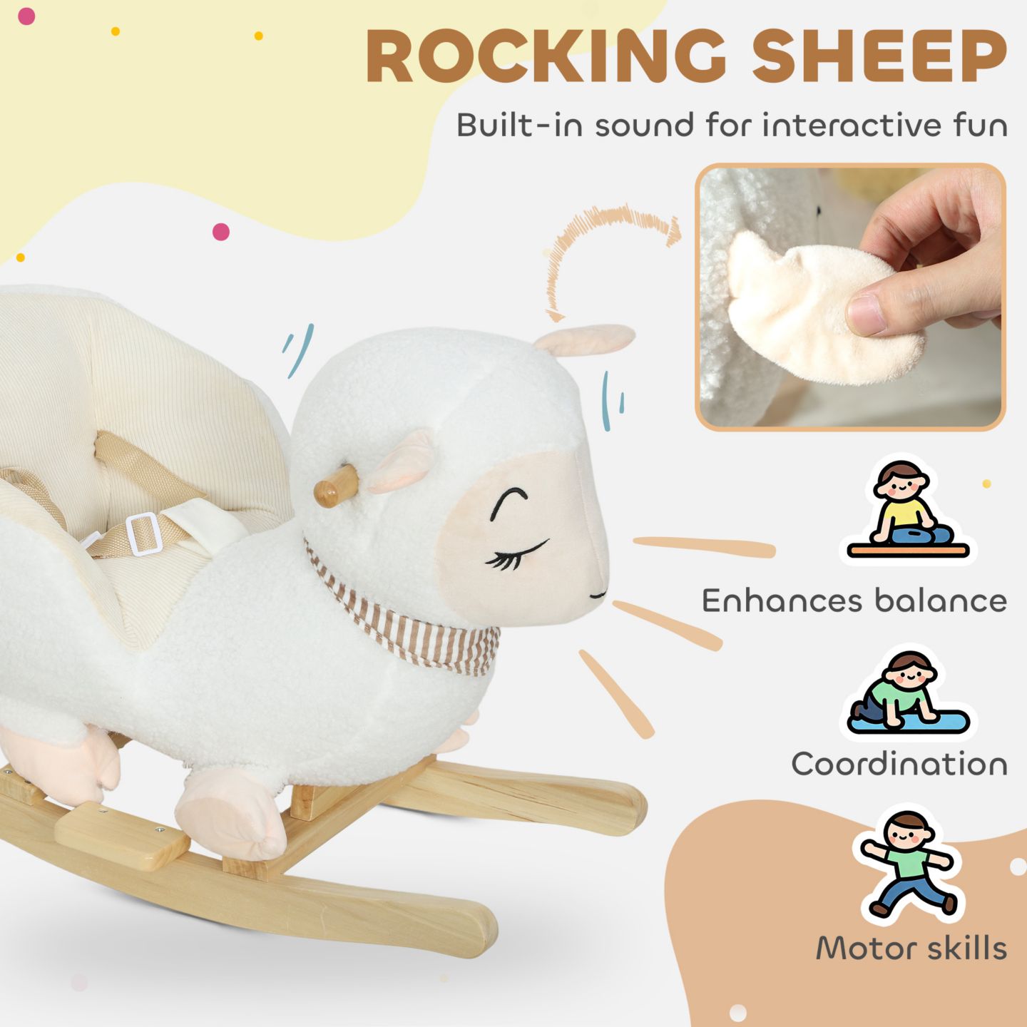 Детская мягкая игрушка Qaba Sheep Rocking Horse, Plush, Sound-Activated, 55 lbs Capacity, Ages 18-36 Months, цвет: Белый — фото 3
