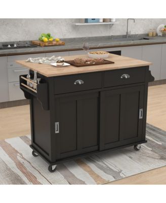 Rubber Wood Kitchen Cart with Drop Leaf, Sliding Barn Door and 2 Drawers