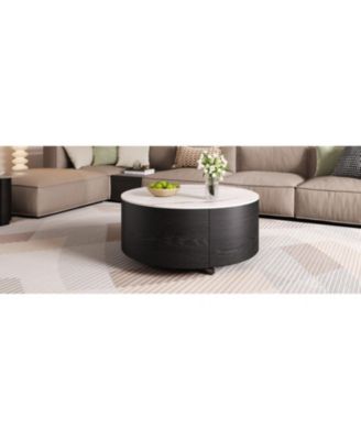 Streamdale Modern Round Coffee Table with Casters &amp; 2 Drawers Marble Top