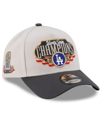 New Era - Men's Cream/Charcoal Los Angeles Dodgers 2025 World Series Champions Locker Room A-Frame 9FORTY Adjustable Hat