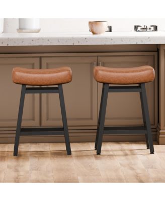 24 Inches Bar Stools Set of 2, Saddle Kitchen Stools with PU Leather Cushion Counter Height Barstools for Kitchen Dining Cafe
