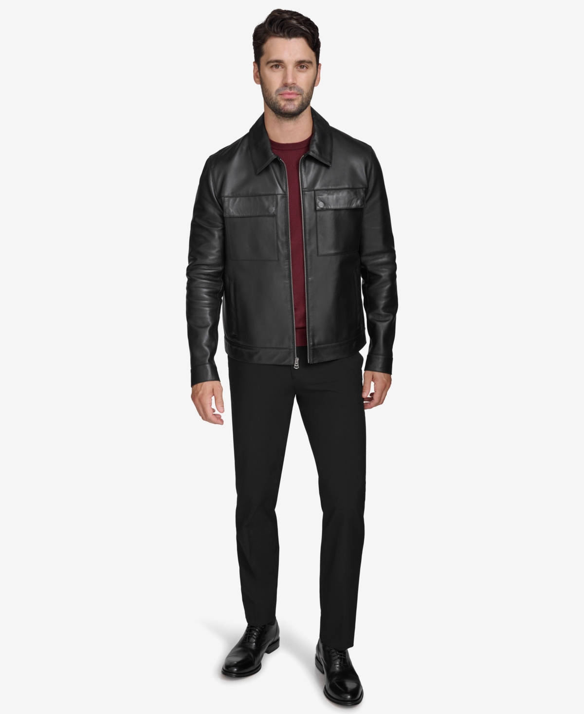 Cole Haan Leather Trucker Jacket In Black