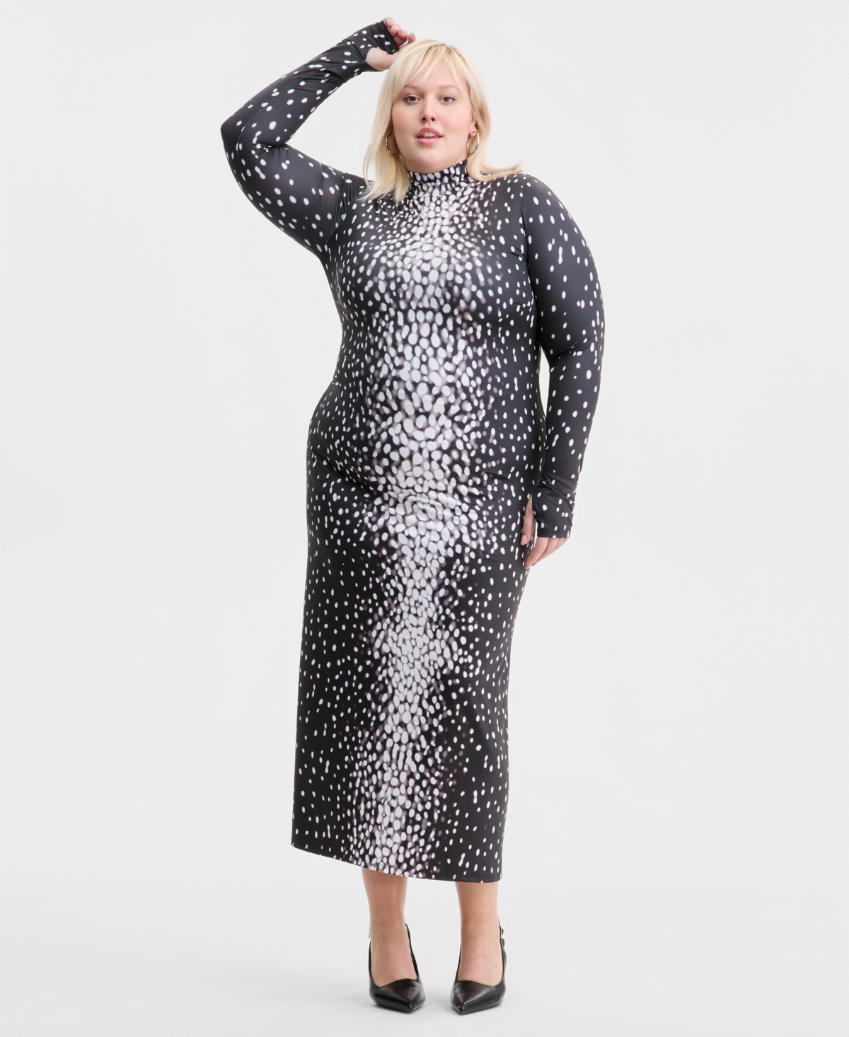 Bar Iii Trendy Plus Size Printed Mock-neck Midi Dress, Macy's Exclusive In White