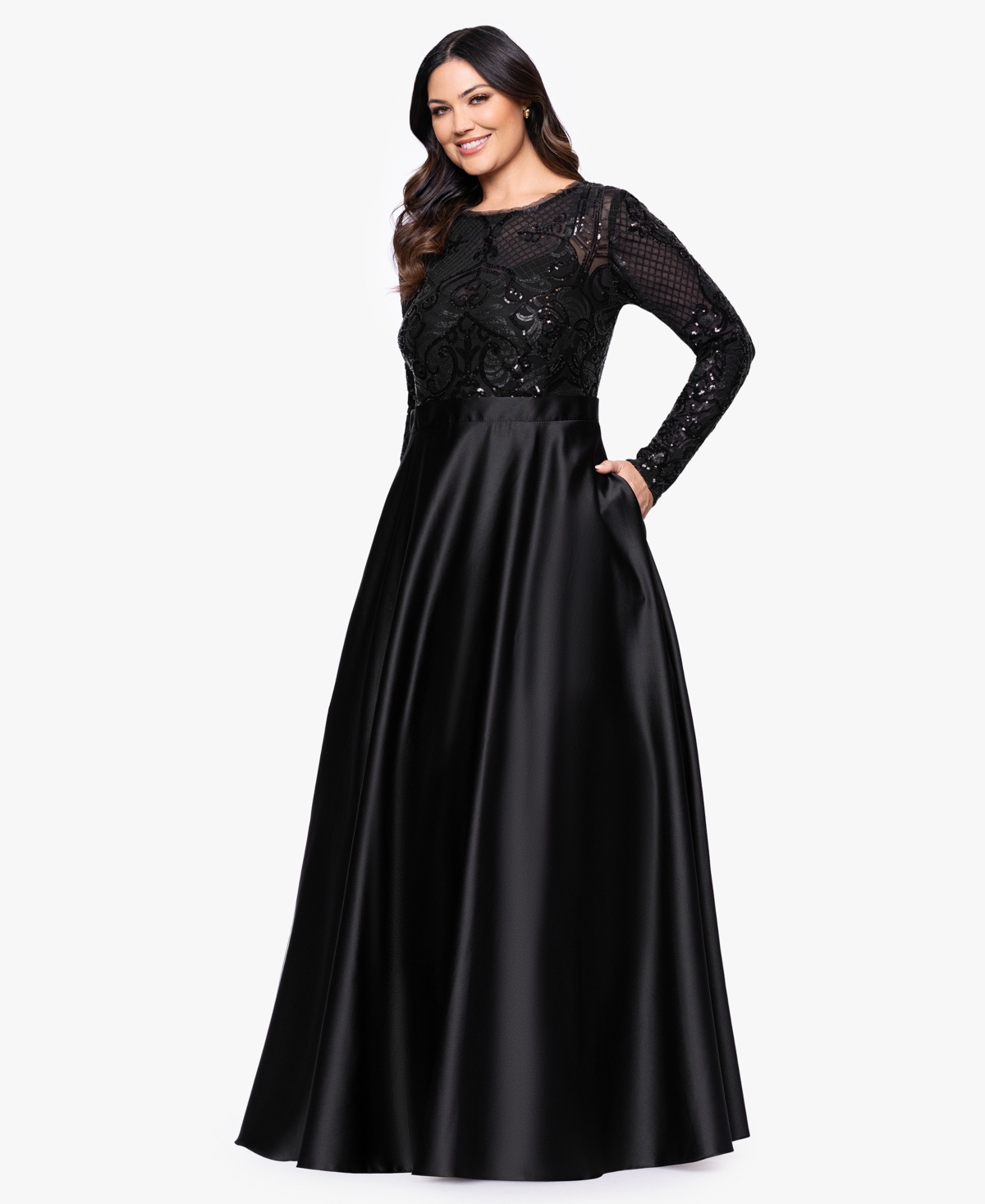 Betsy & Adam Plus Size Sequin Long-sleeve Ball Gown In Black