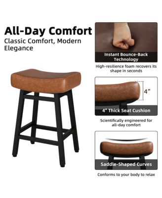 24 Inches Bar Stools Set of 3, Saddle Kitchen Stools with PU Leather Cushion Counter Height Barstools for Kitchen Dining Cafe