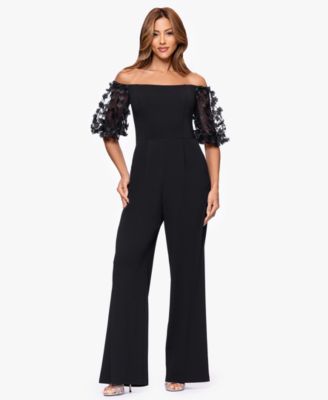 XSCAPE - Women's Off-The-Shoulder Ruched Side Floral Jumpsuit