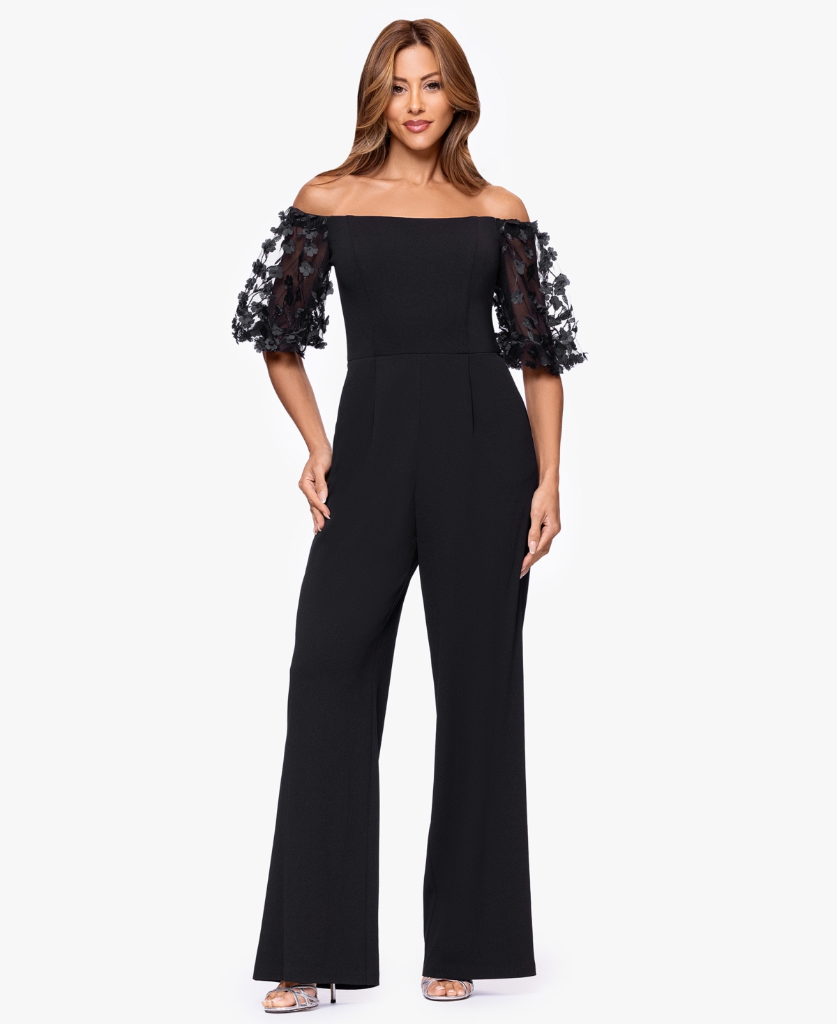 Xscape Women's Off-the-shoulder Ruched Side Floral Jumpsuit In Black