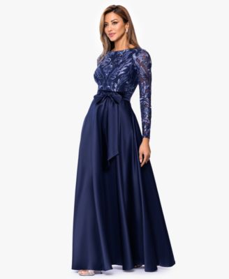 Women's Boat Neck Sequin Mesh Long Ball Gown