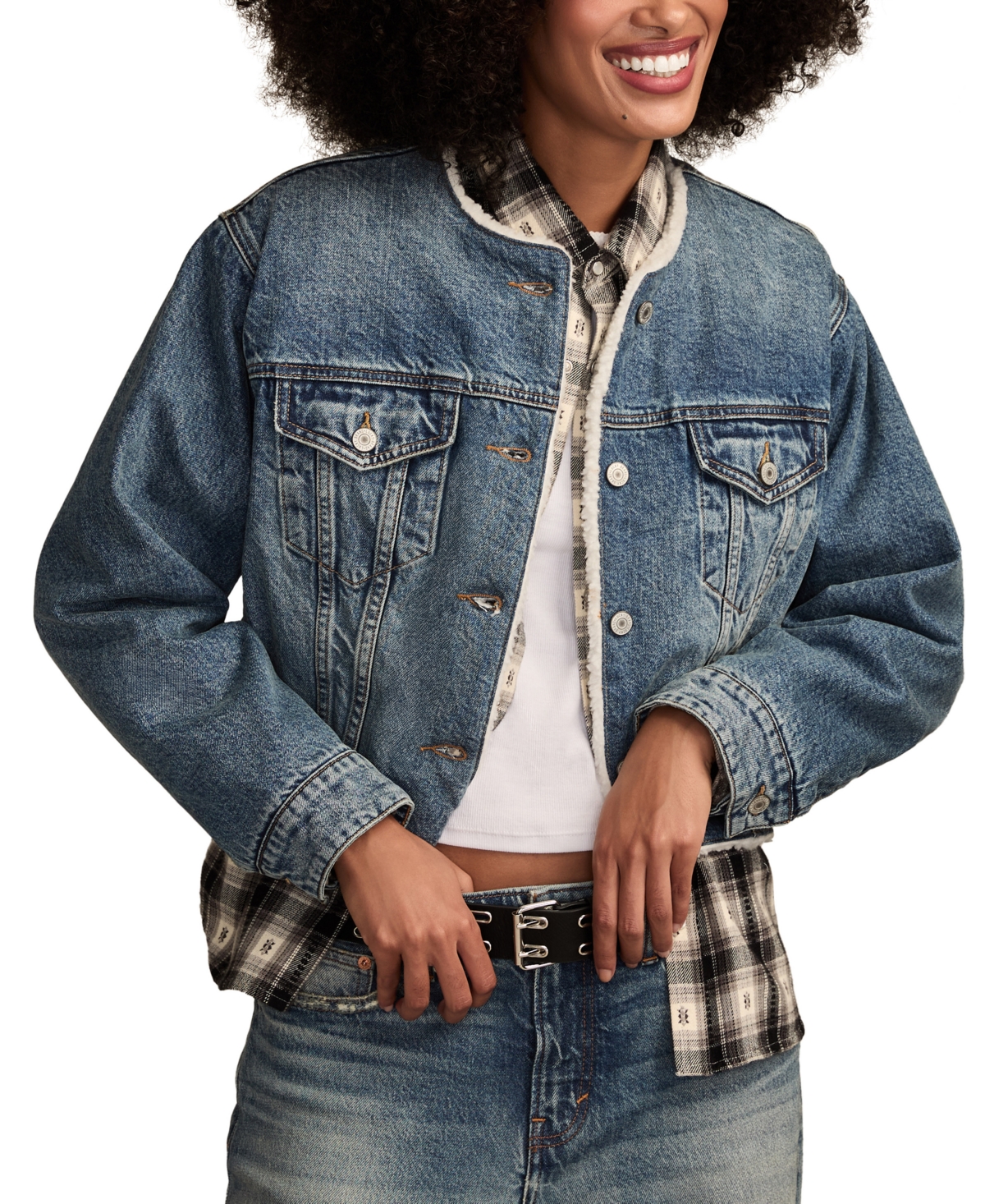 Lucky Brand Collarless Crop Denim Trucker Jacket In Blue