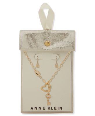 2-Piece Plastic Glass Stone Linked Heart, Lock, Key Necklace and Earrings Set