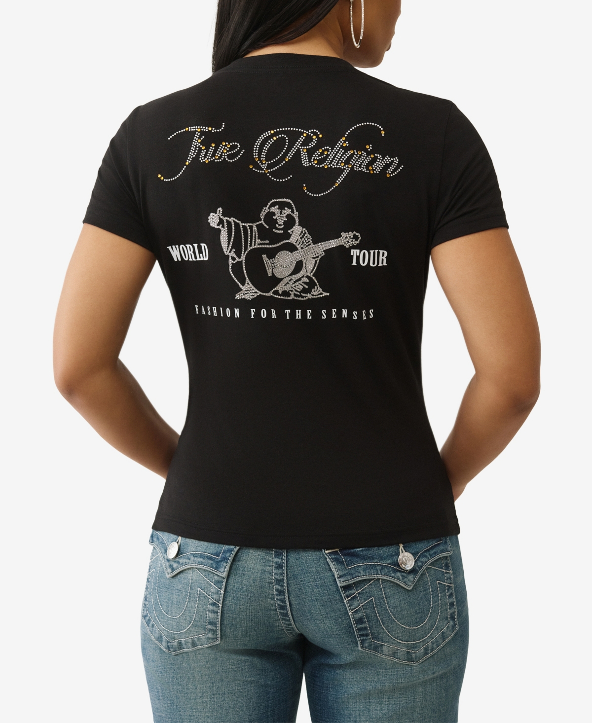 True Religion Women's Crystal Buddha V Neck T-Shirt