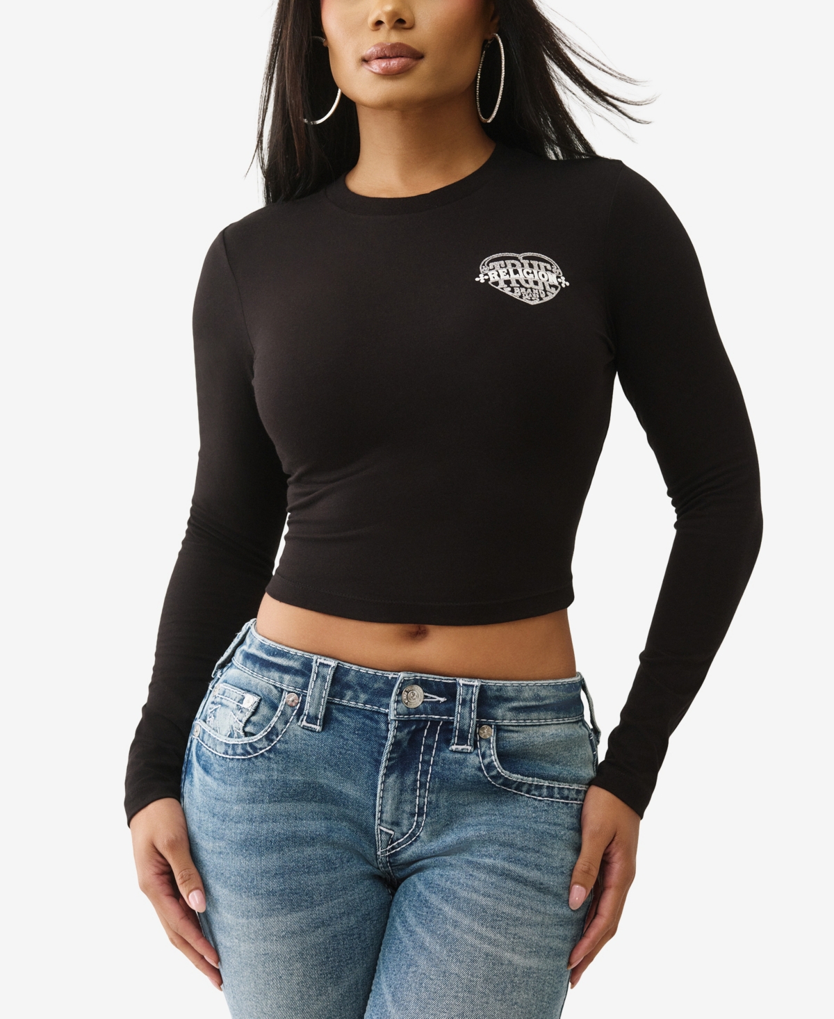 True Religion Women's Long Sleeve Glitter Puff Heritage Baby T-Shirt