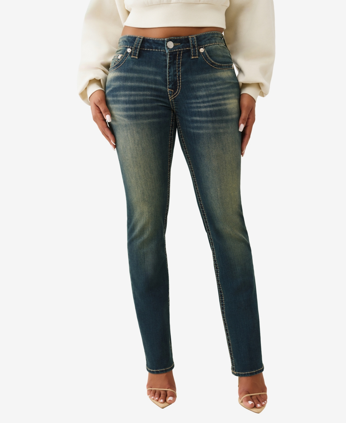 True Religion Women's Billie Mid Rise Straight Big T Jeans