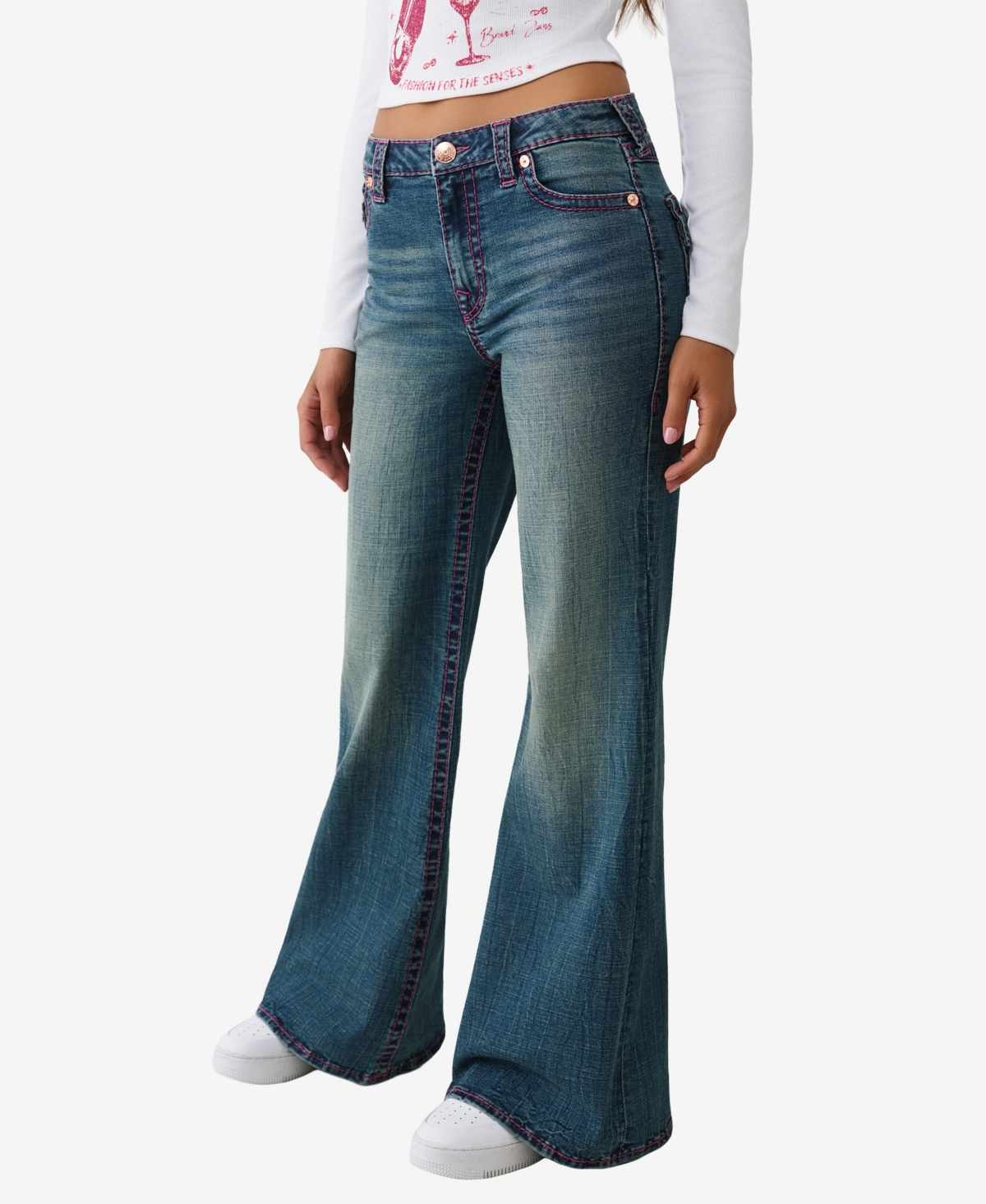 True Religion Women's Katrina High Rise Big T Flare Flap Jeans