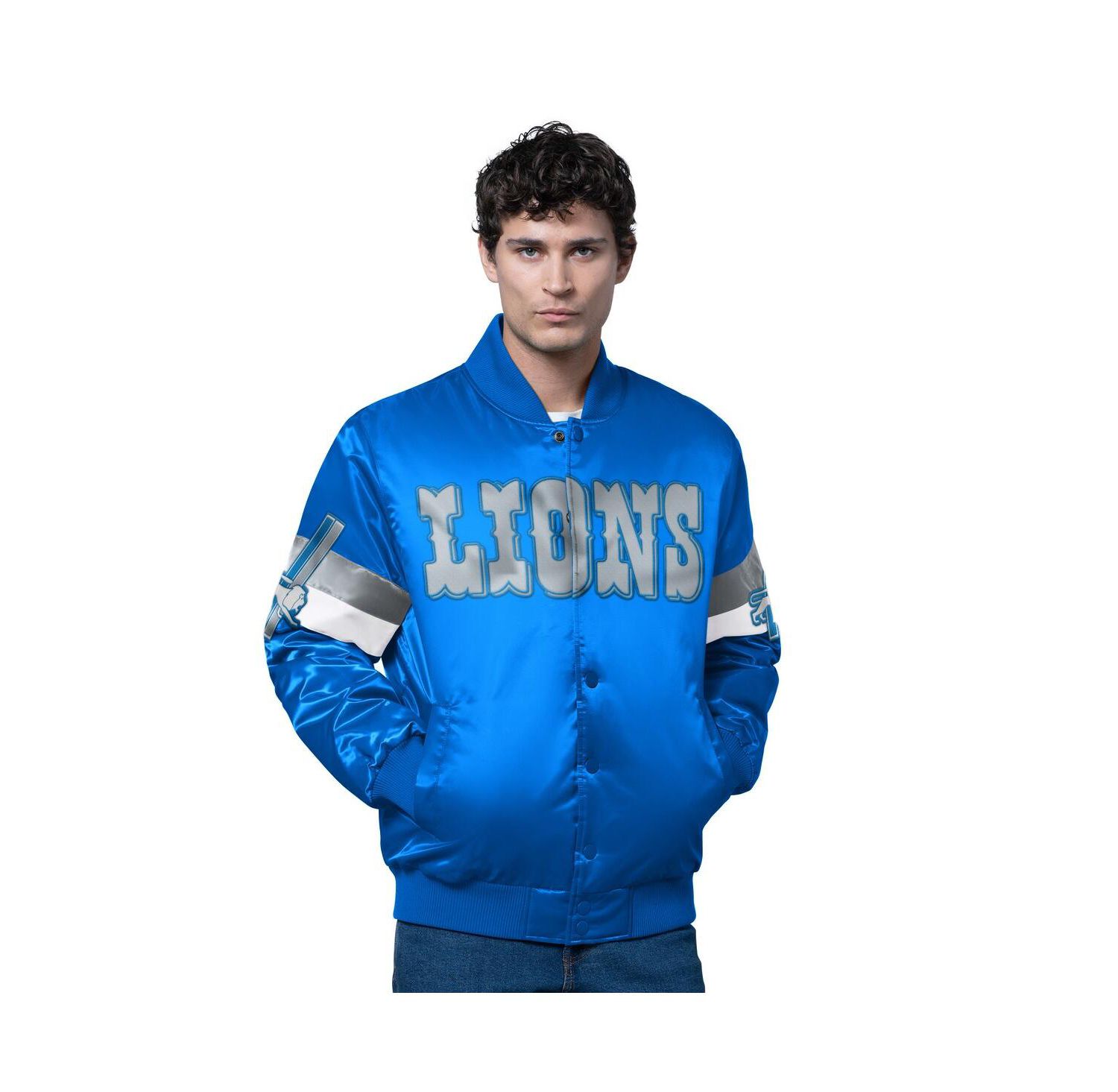 Men's Blue Detroit Lions Triple Option Satin Varsity Vintage Logo Full-Snap Jacket