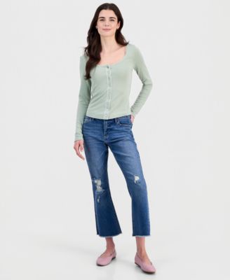 Juniors' Picot-Trim Pointelle Cardigan Knit Long-Sleeve