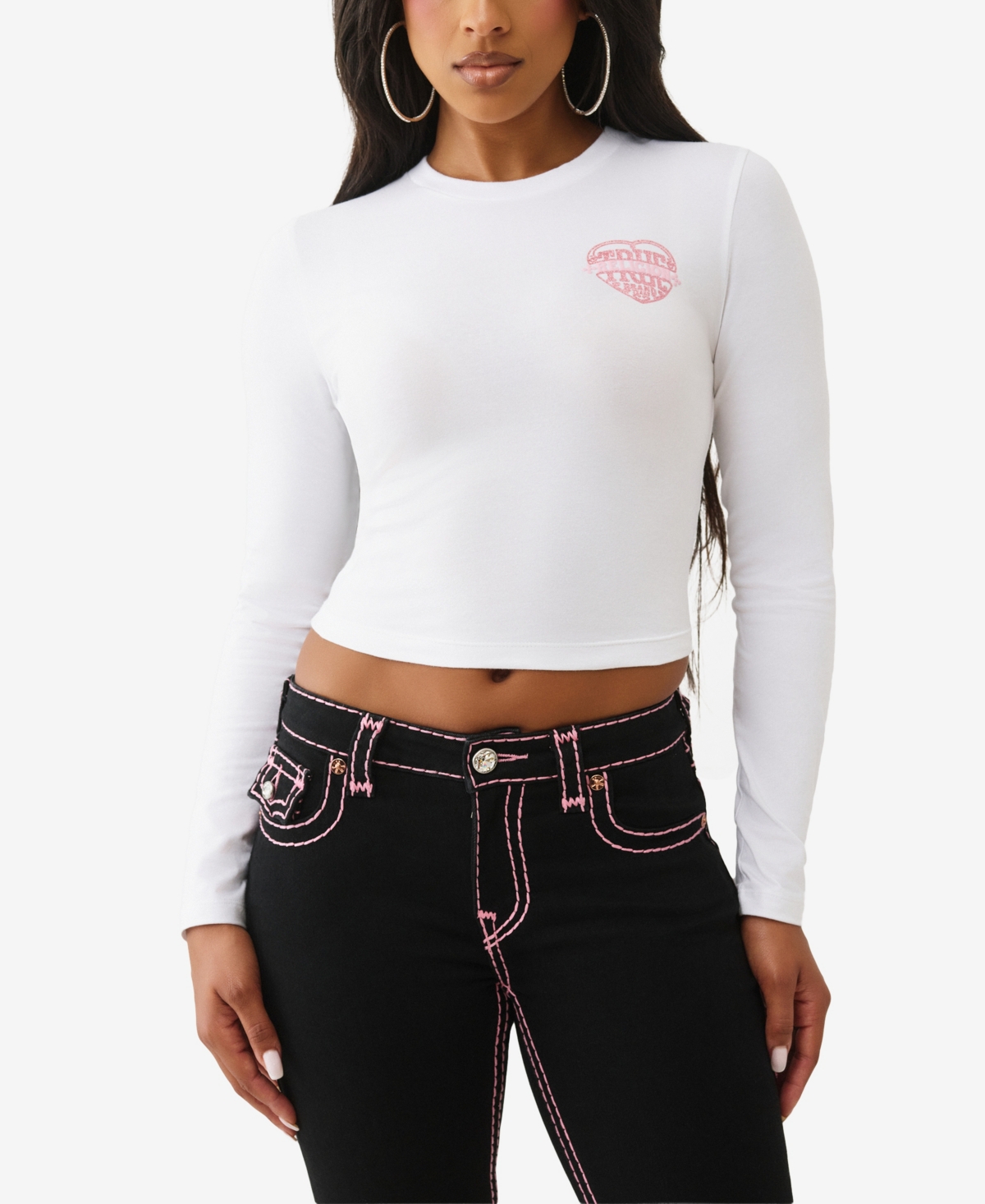 True Religion Women's Long Sleeve Glitter Puff Heritage Baby T-shirt In White