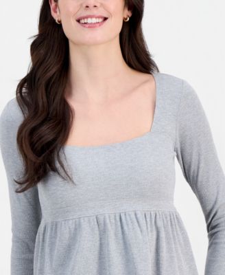 Juniors' Long Sleeve Ribbed Babydoll Top