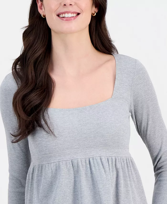 Juniors' Long Sleeve Ribbed Babydoll Top - thumbnail 8