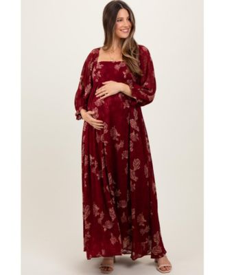 Maternity Burgundy Multi Floral Textured Peasant Babydoll Maxi Dress