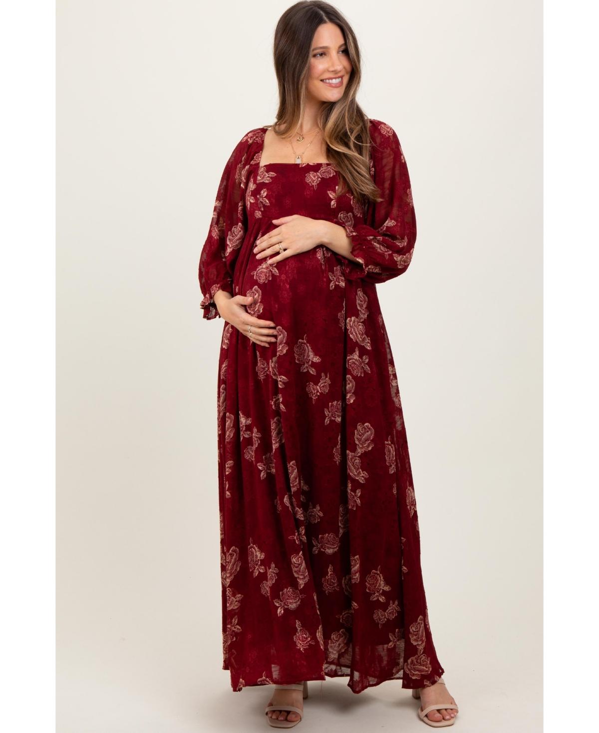 Pinkblush Maternity Burgundy Multi Floral Textured Peasant Babydoll Maxi Dress