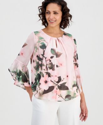 Petite Flutter-Sleeve Keyhole-Cutout Top