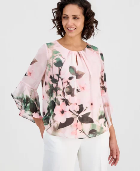 Women's Printed Flare-Sleeve Blouse, Regular & Petites - Vanilla Ice Multi