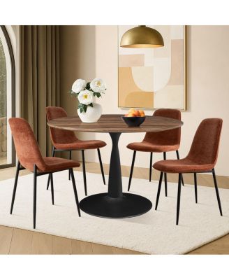 5-Piece Round Dining Table Set with Metal Base and Walnut Top, Modern Kitchen Table and Chairs for 4, Space-Saving Small Dining Set