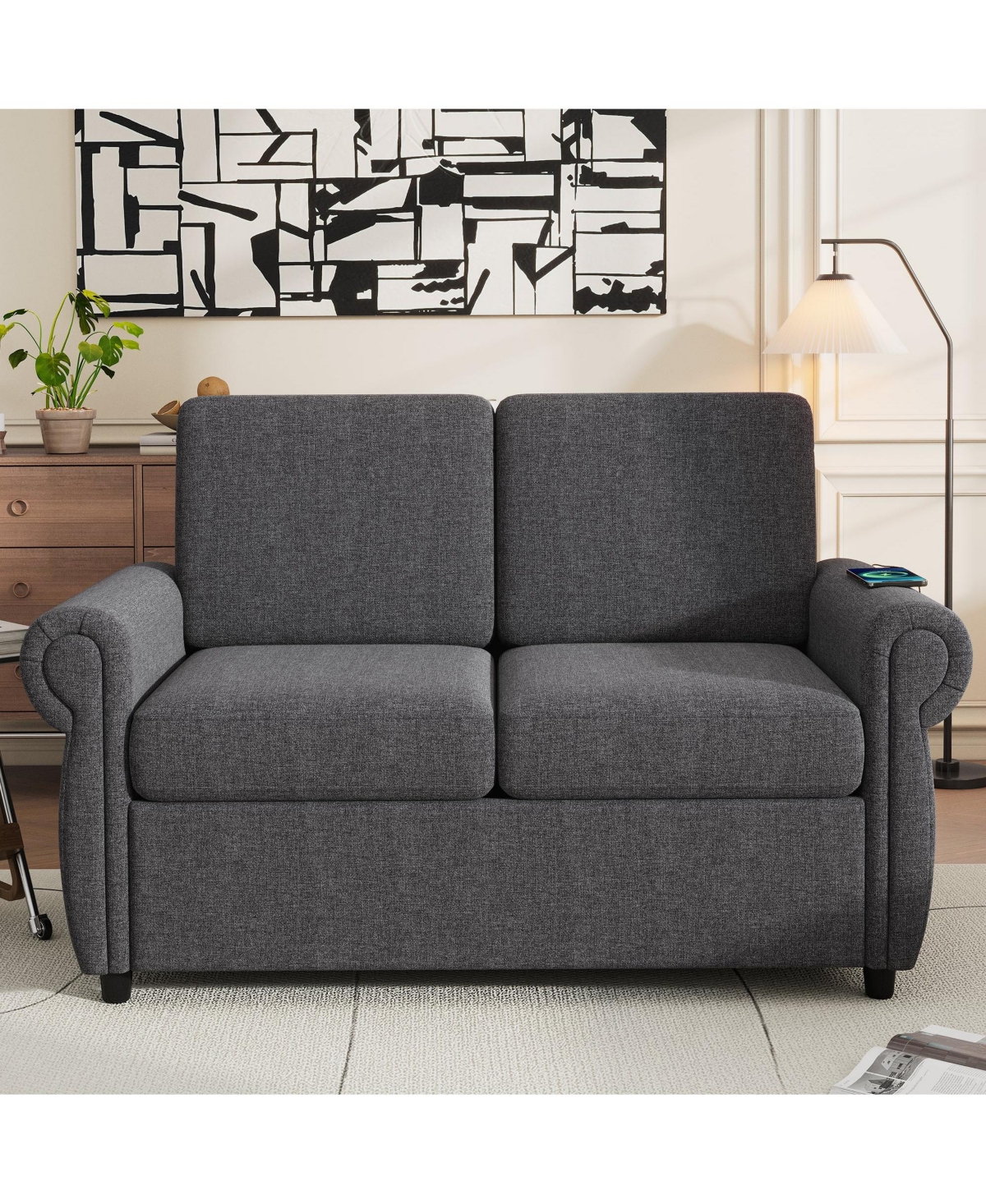 Boyel Living 57.9" Orisfur Pull Out Sofa Bed Loveseat Sleeper with Twin Memory Mattress Two Usb Ports for Room Spaces